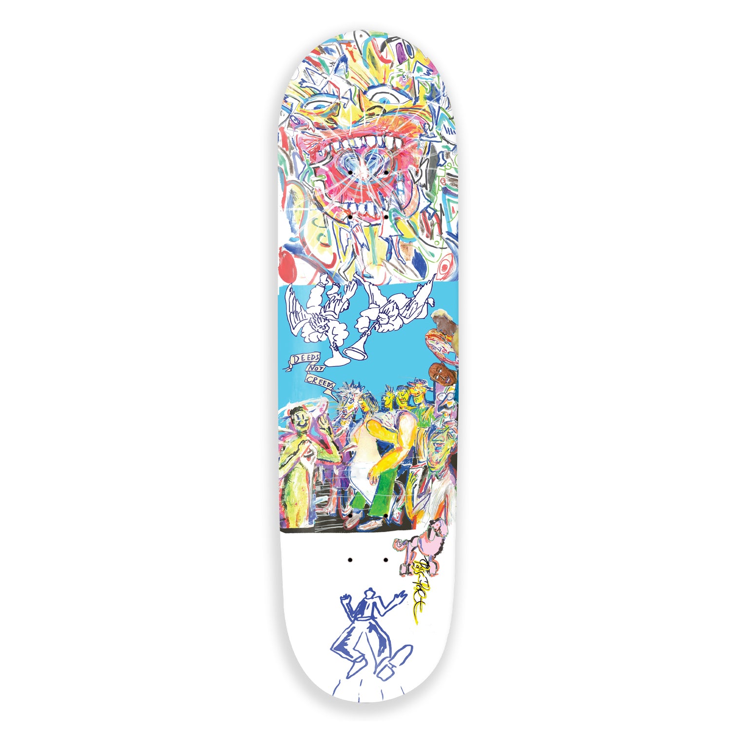 Colorful skateboard deck with cartoon-style graphics on a white background