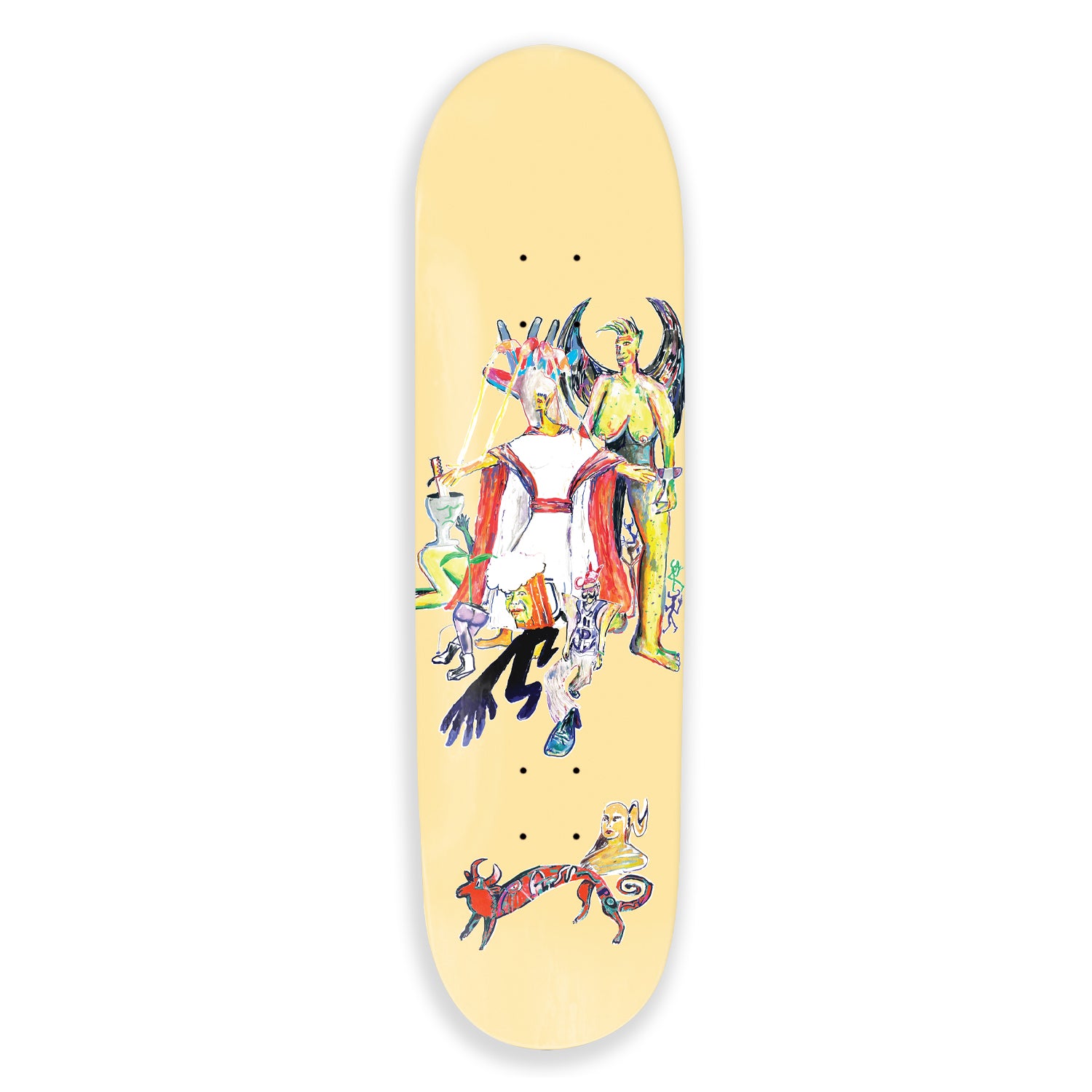 Skateboard deck with colorful graphic design on a beige/light yellow background