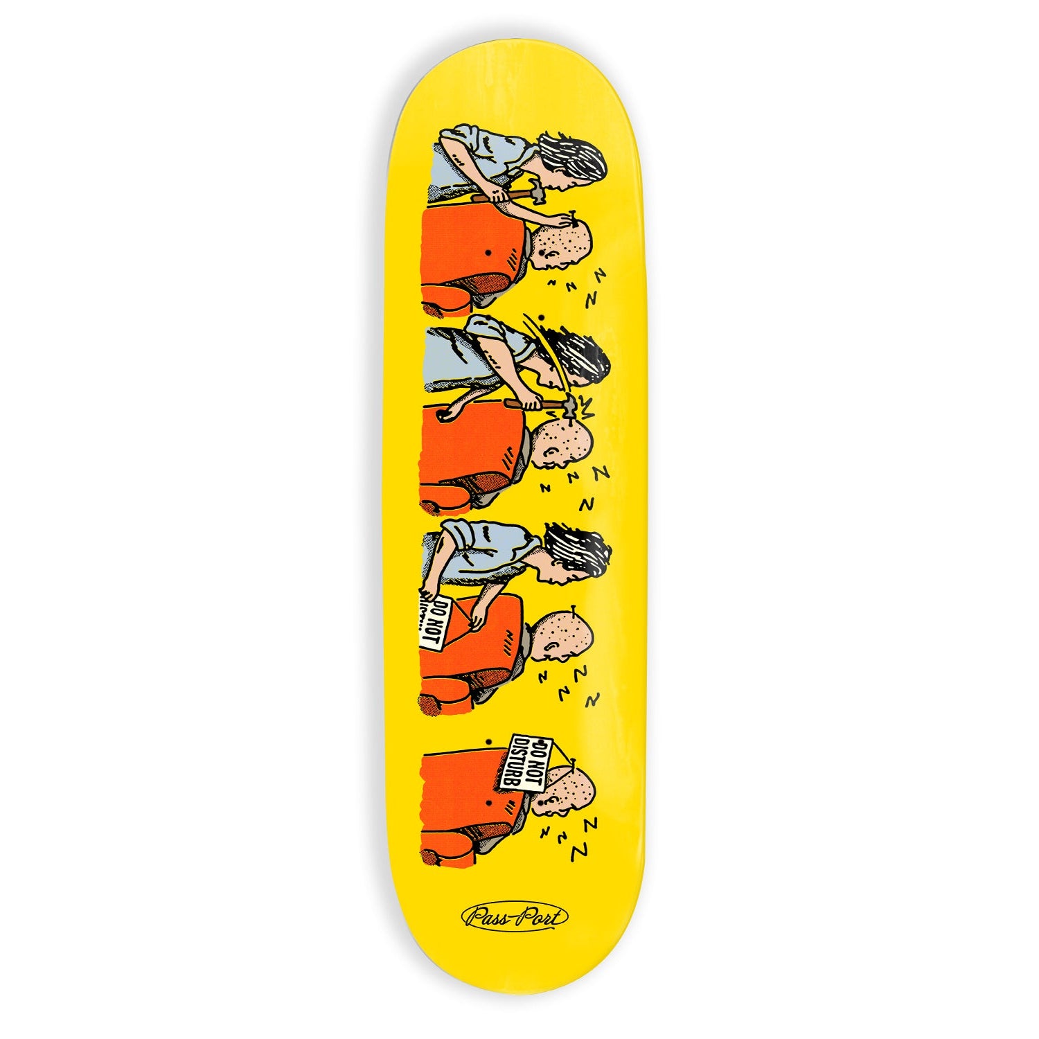 Skateboard deck with illustrated figures on a yellow background