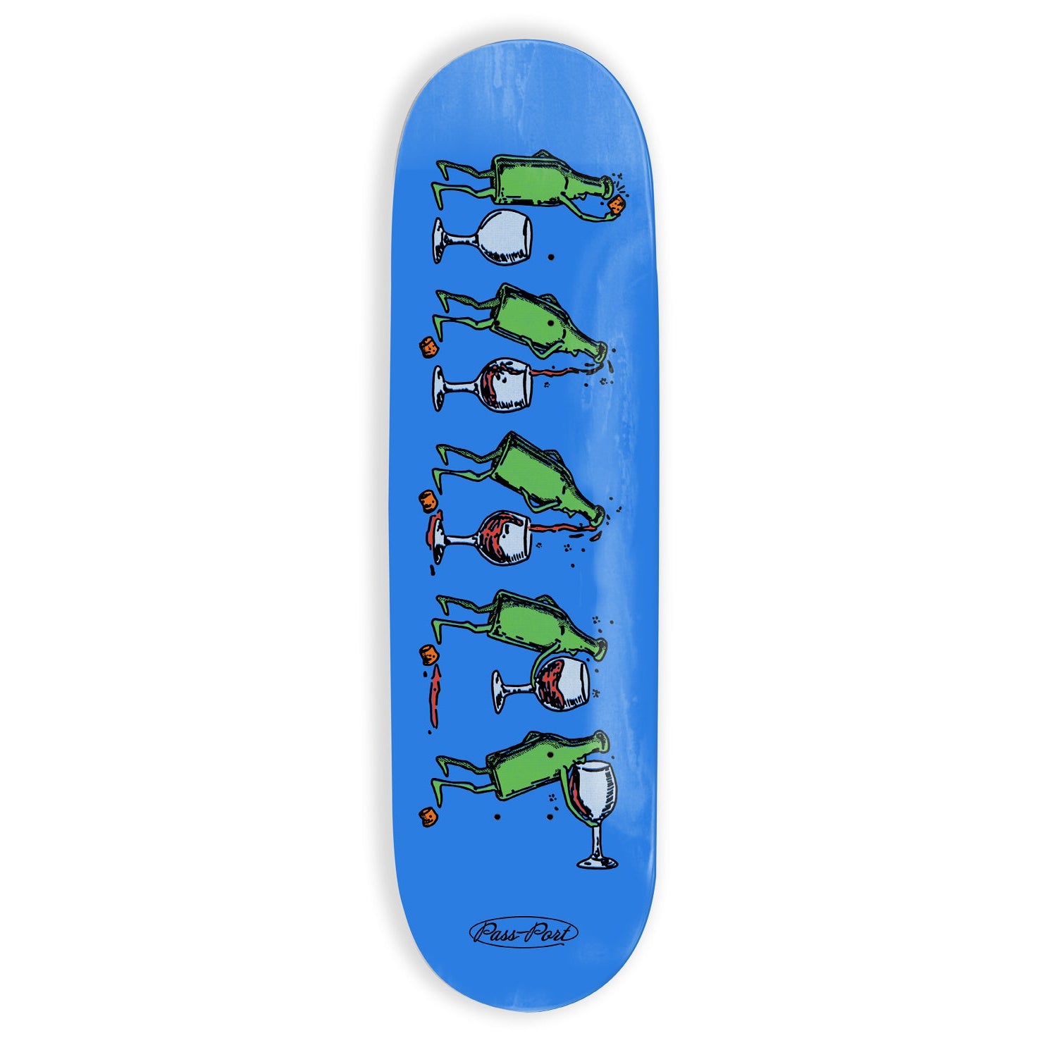 Skateboard deck with green bottles and wine glasses on a blue background