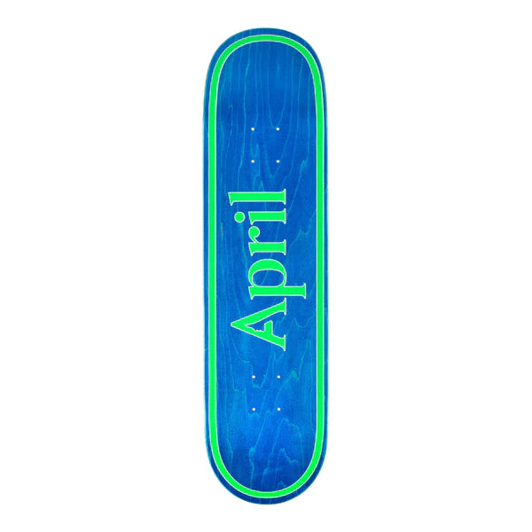Blue skateboard deck with 'April' branding on a white background