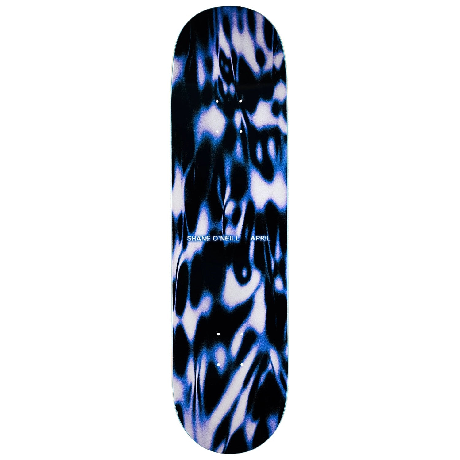 Skateboard deck with blue and black abstract pattern on a white background