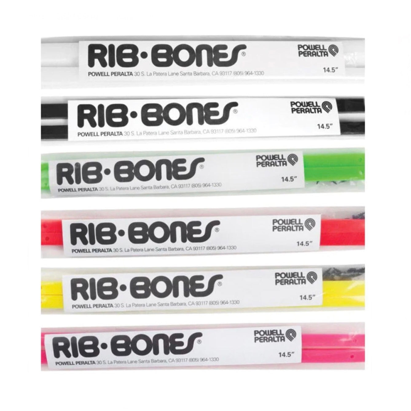 Powell Peralta Rib Bones Rails skateboard accessories in assorted colors, designed to protect and improve skateboard grip.