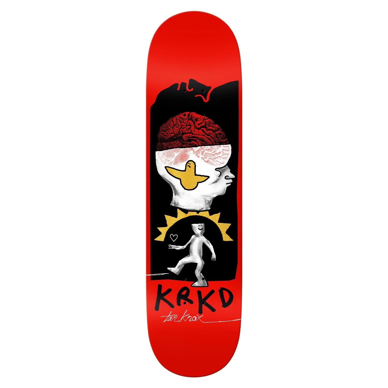 8.38 x 32 WB: 14.25
7-Ply Canadian Maple
Manufactured at BBS
Griptape not included
Krooked Tom Knox 'Brain and Bird' Skateboard Deck - 8.5