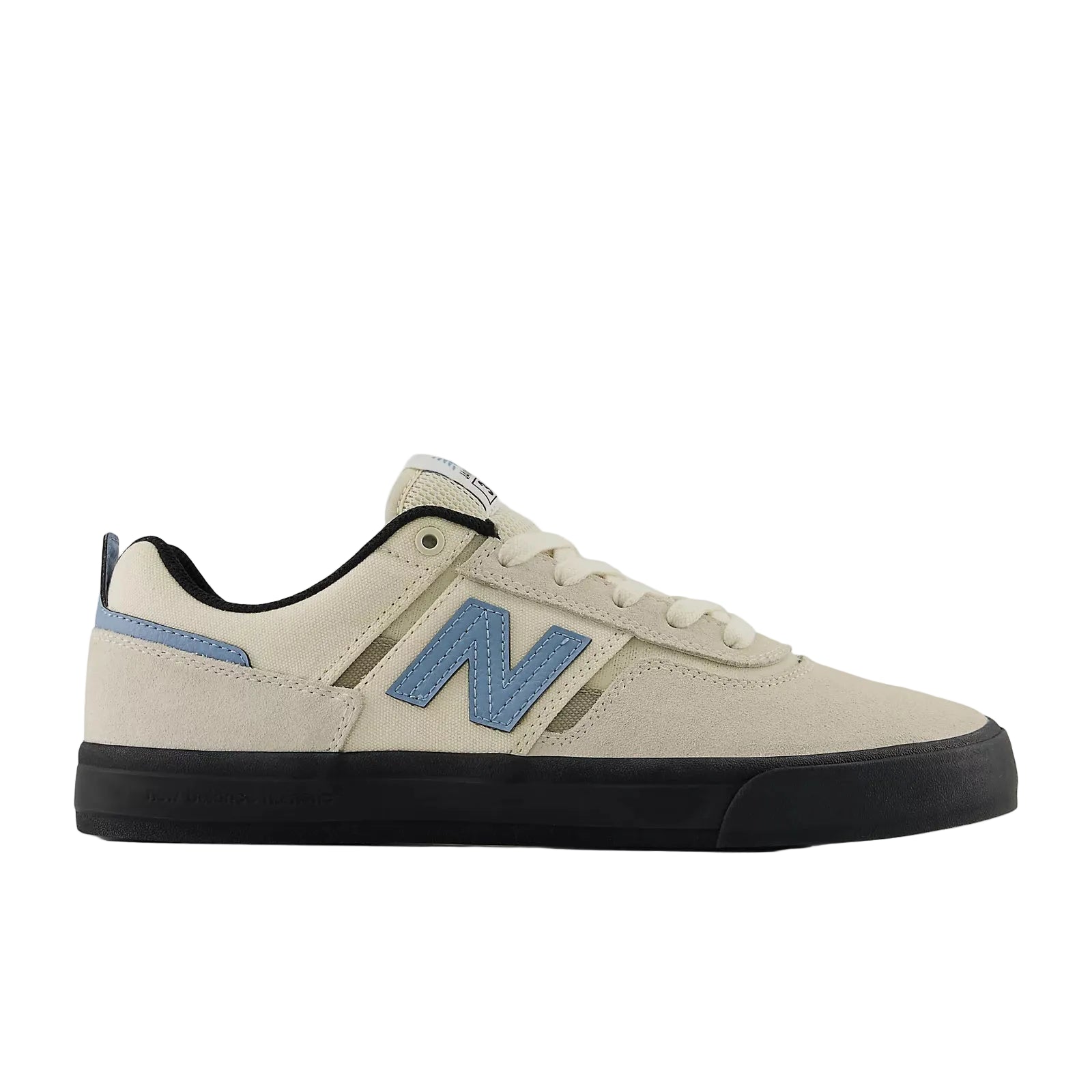 Beige sneaker with blue accents on a white background