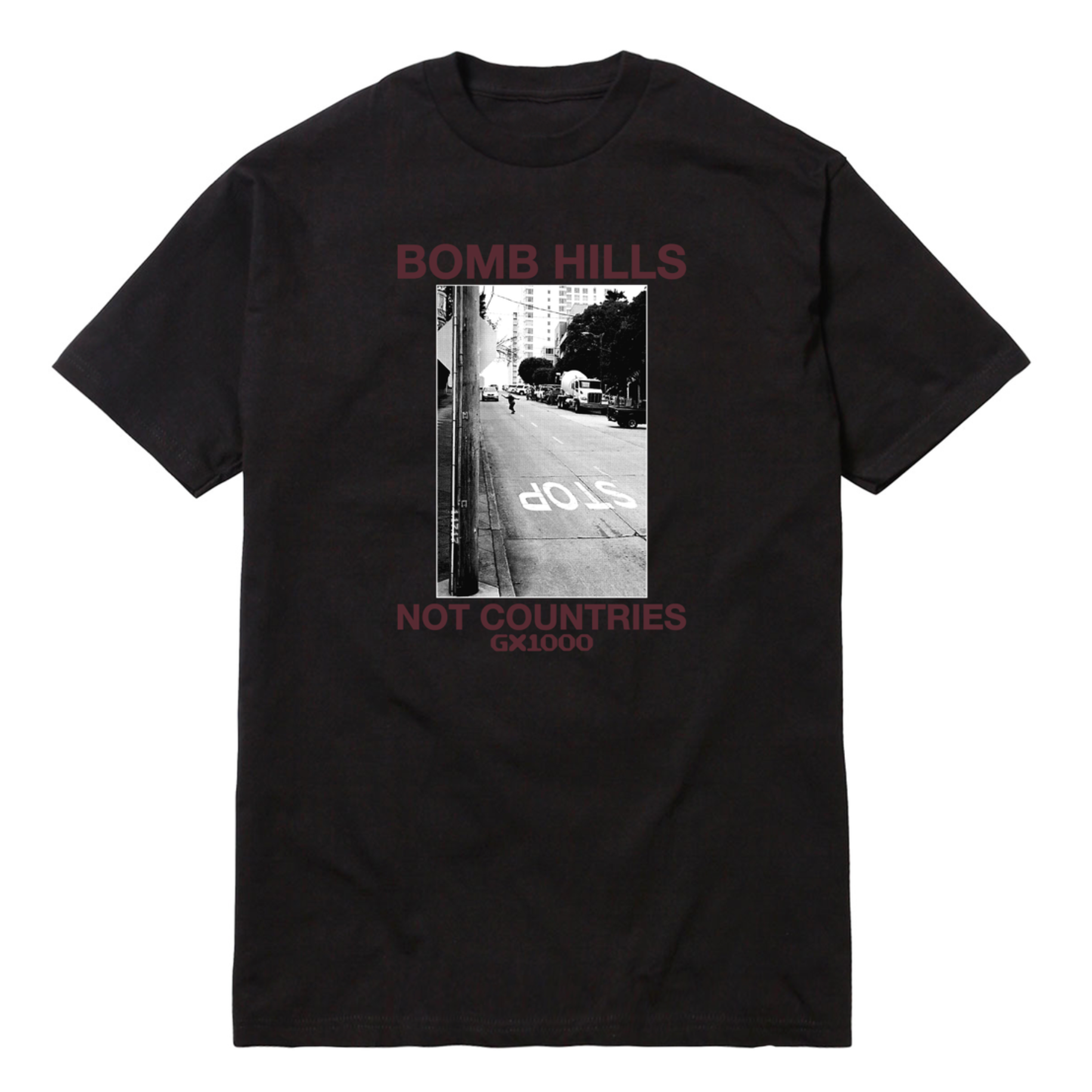 GX1000 'Bomb Hills Not Countries' Tee - Black / Burgundy
