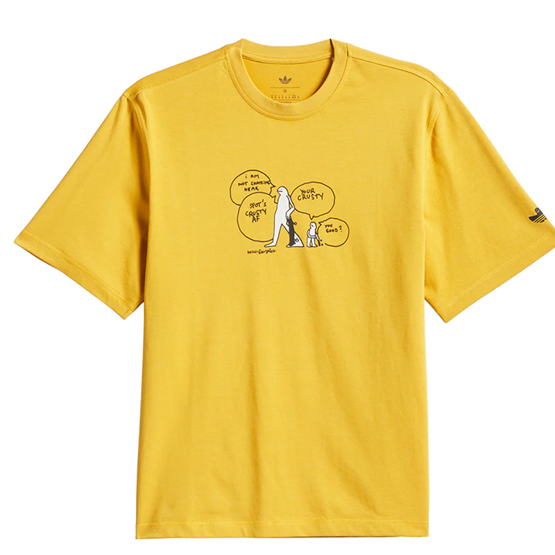 Yellow t-shirt with a graphic design on a white background