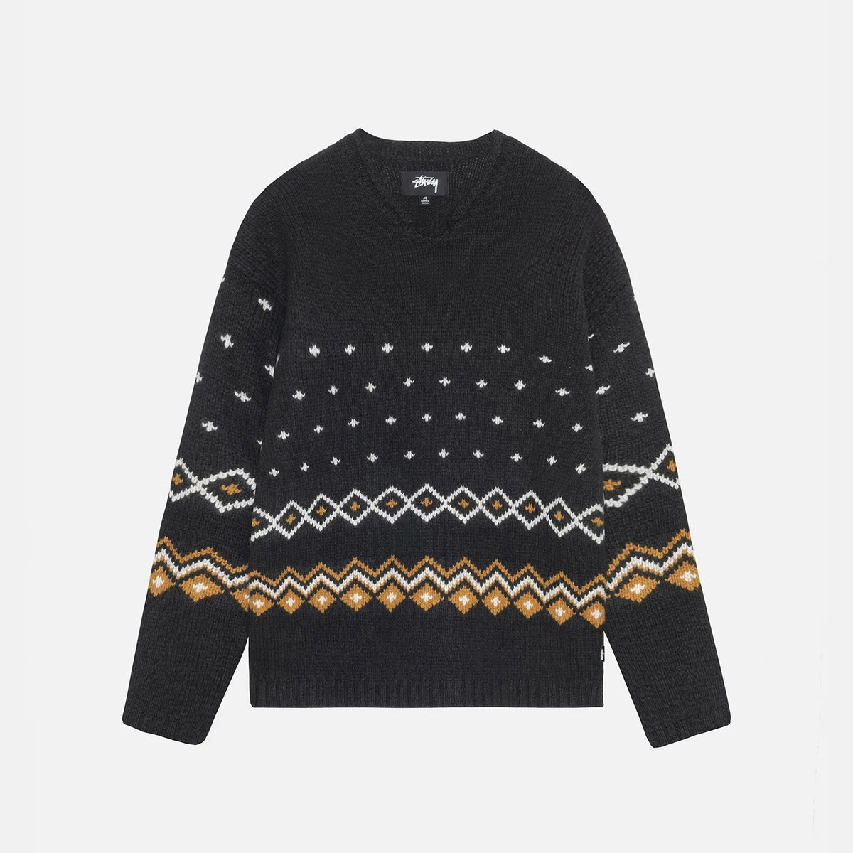 Stussy Roll V Neck Fairisle Sweater - Charcoal