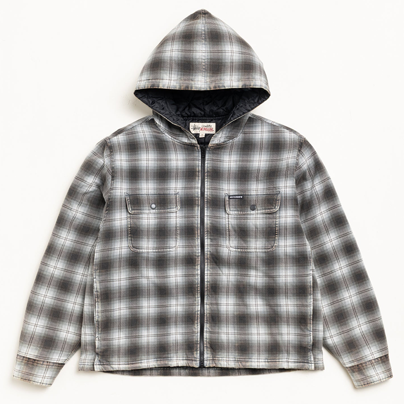 Stussy Zip Hooded Plaid Shirt - Charcoal