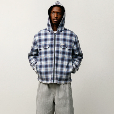 Stussy Zip Hooded Plaid Shirt - Blue