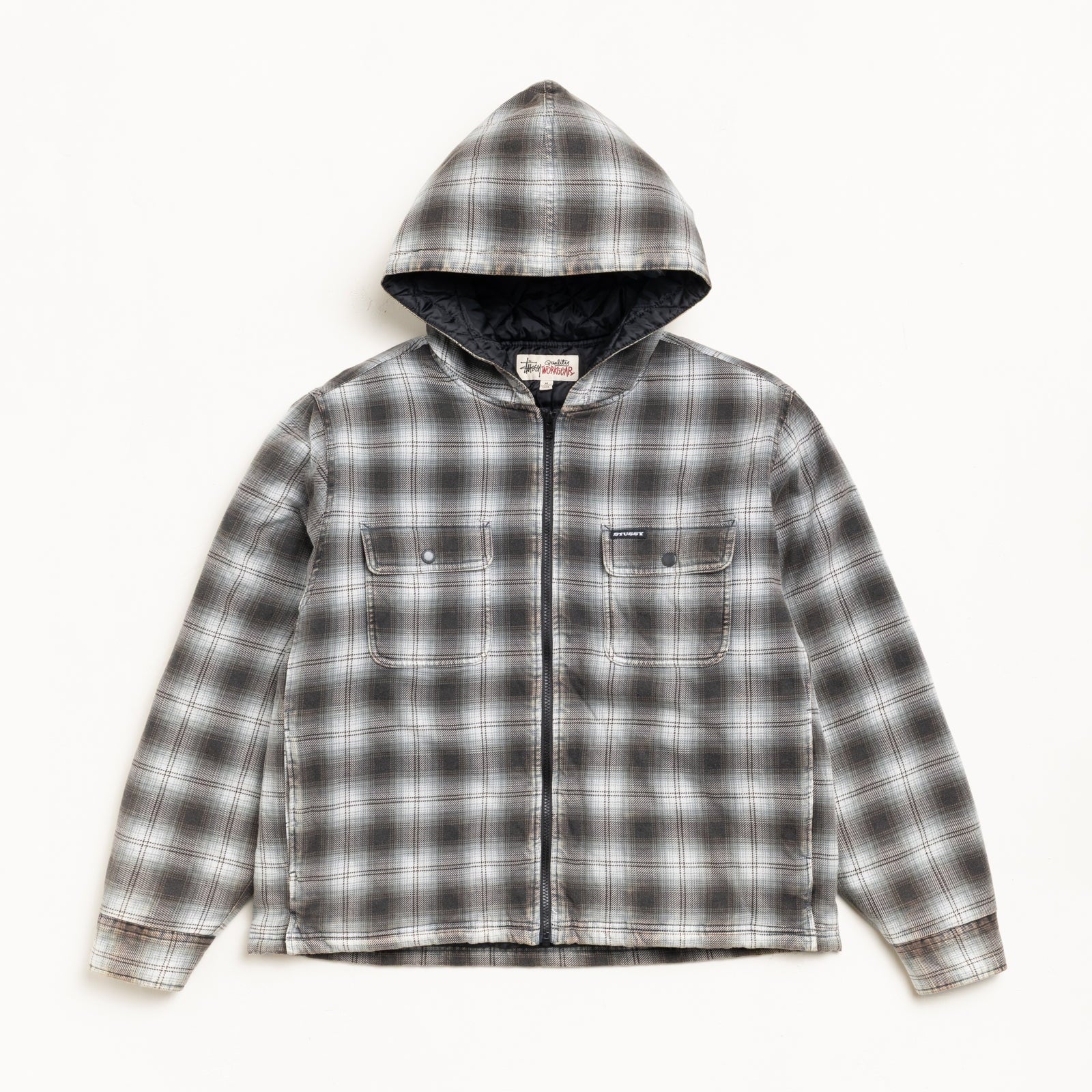 Stussy Zip Hooded Plaid Shirt - Charcoal