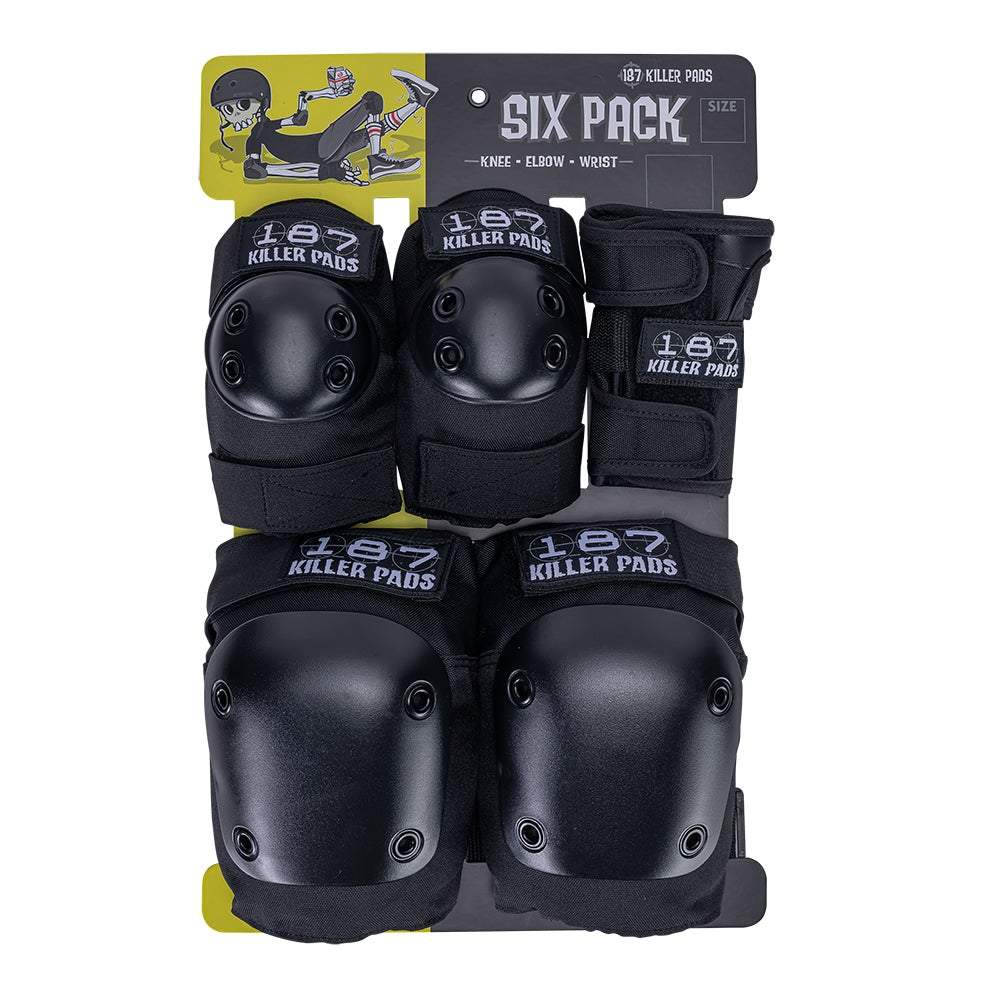 187 Jr. Six Pack skateboard pad set in extra small size, includes knee, elbow, and wrist pads for safety and protection.